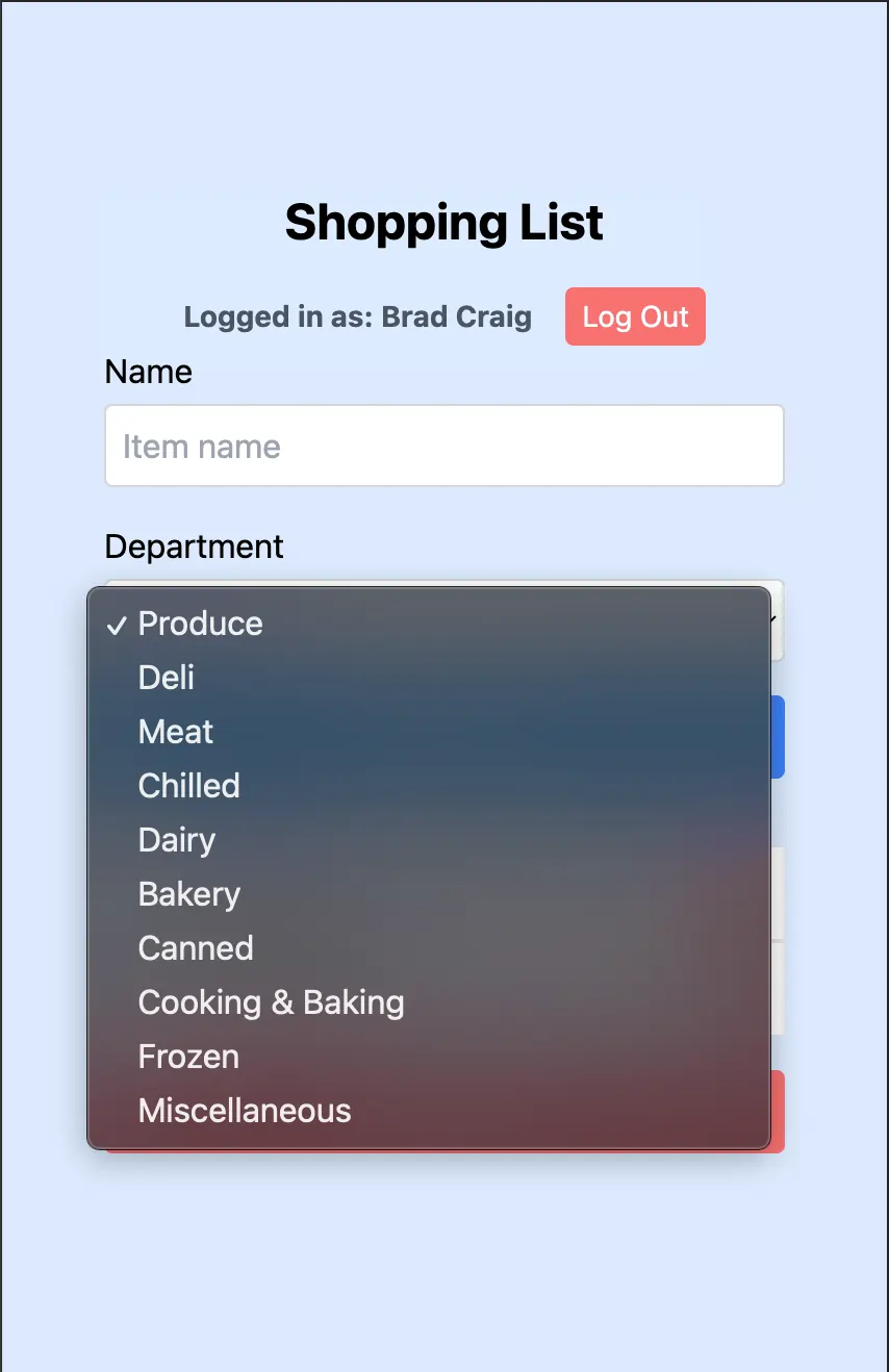 shopping list app screenshot showing dropdown